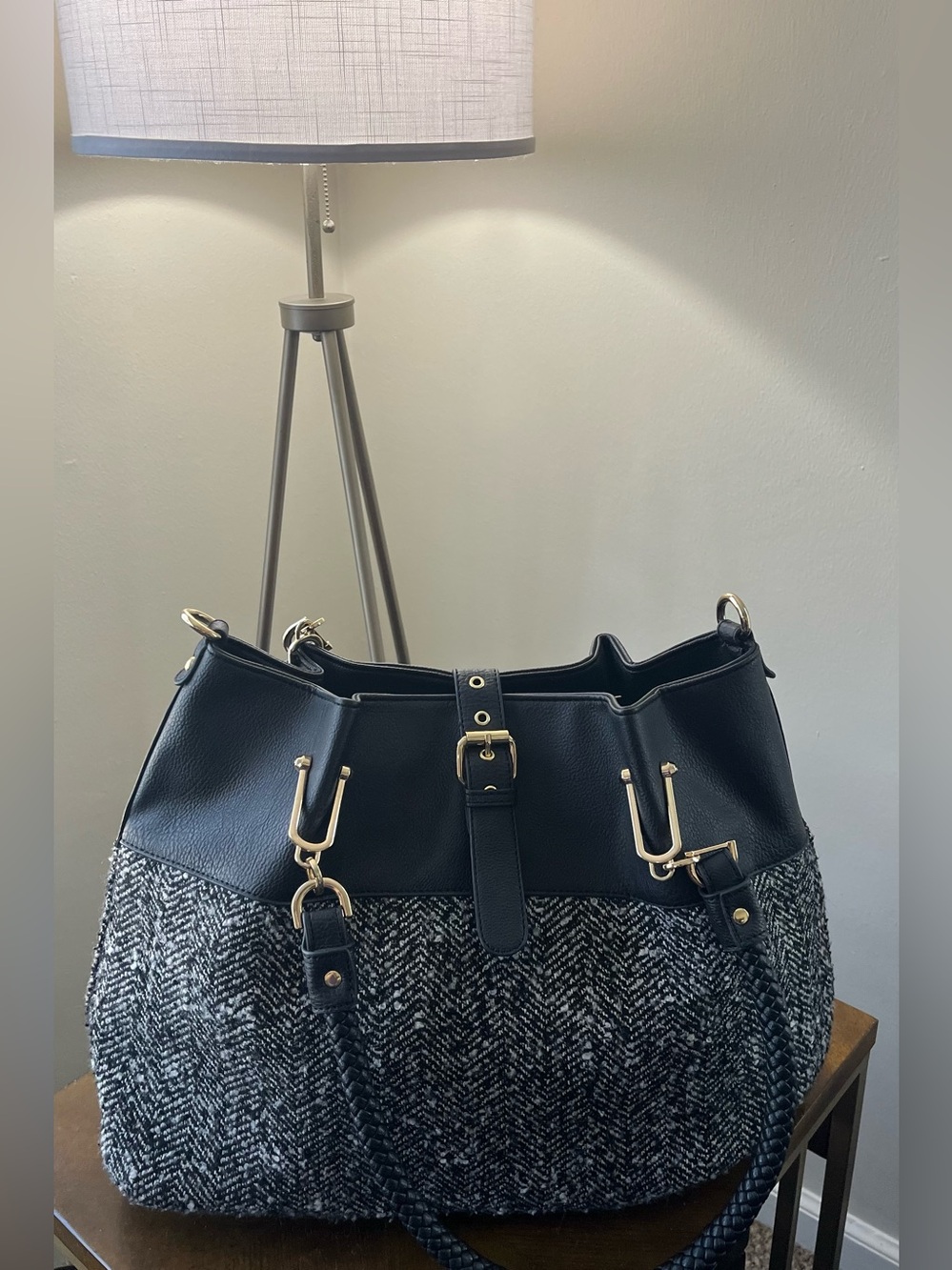 Black Rivet Black & Gray Herringbone Tote Handbag with Gold Hardware - Picture 5 of 7